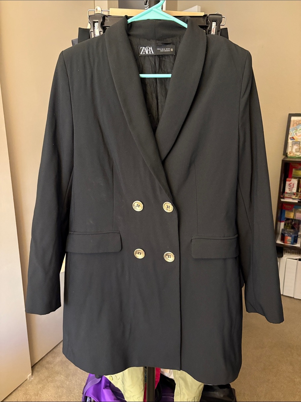 Zara Black Double-Breasted Blazer with Gold Buttons